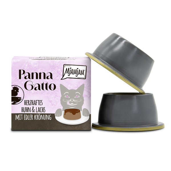 Mjamjam Panna Gatto 2 x 80g stevige kip & zalm met een verfijnde topping Mjamjam Panna Gatto 2 x 80g stevige kip & zalm met een verfijnde topping